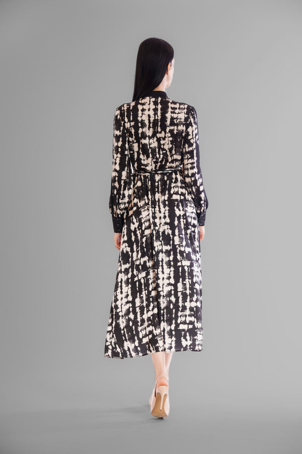 Julia Jordan LONG SLEEVE MIX MEDIA SHIRTDRESS W/ MOCK COLLAR BLACK WHITE