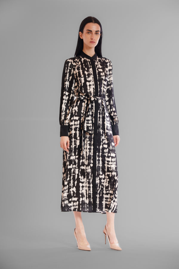 Julia Jordan LONG SLEEVE MIX MEDIA SHIRTDRESS W/ MOCK COLLAR BLACK WHITE