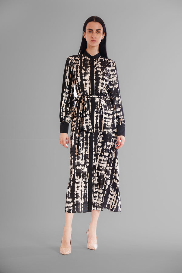 julia jordan LONG SLEEVE MIX MEDIA SHIRTDRESS W/ MOCK COLLAR BLACK WHITE