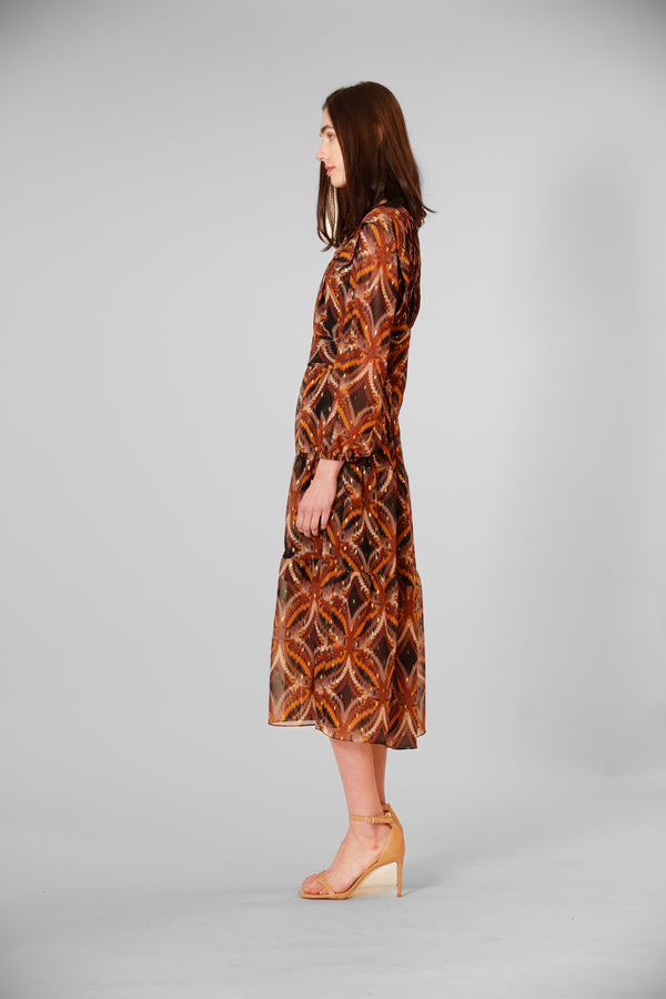 Julia Jordan LONG SLEEVE PEBBLE CHIFFON MIDI DRESS BLACK MULTI