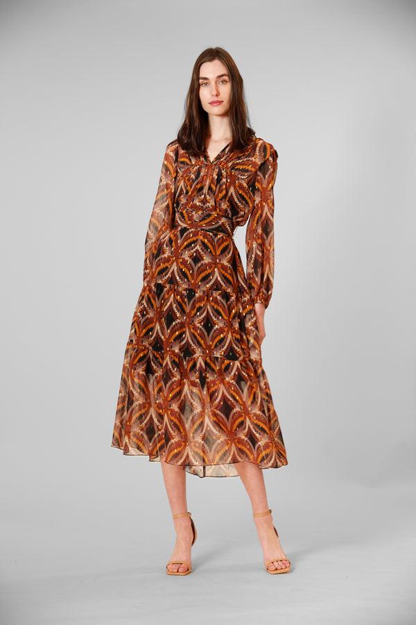 julia jordan LONG SLEEVE PEBBLE CHIFFON MIDI DRESS BLACK MULTI