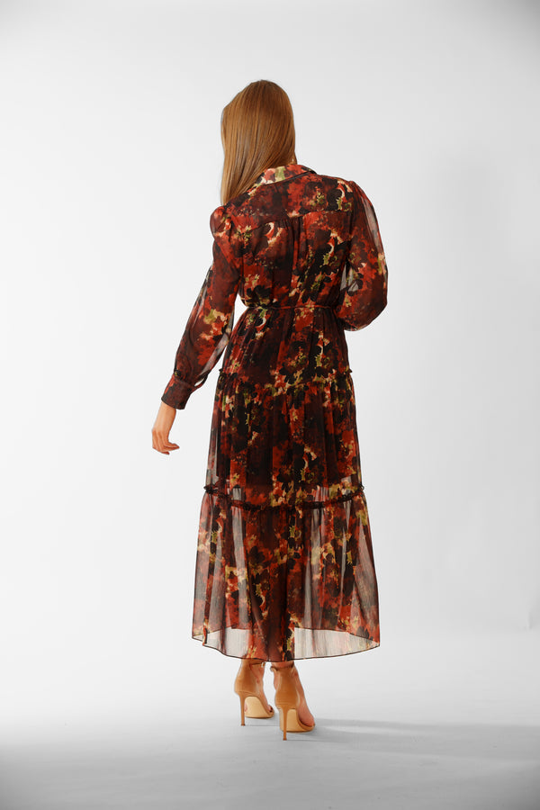 Julia Jordan LONG SLEEVE PRINTED CHIFFON SHIRT DRESS BROWN MULTI