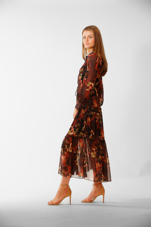 Julia Jordan LONG SLEEVE PRINTED CHIFFON SHIRT DRESS BROWN MULTI