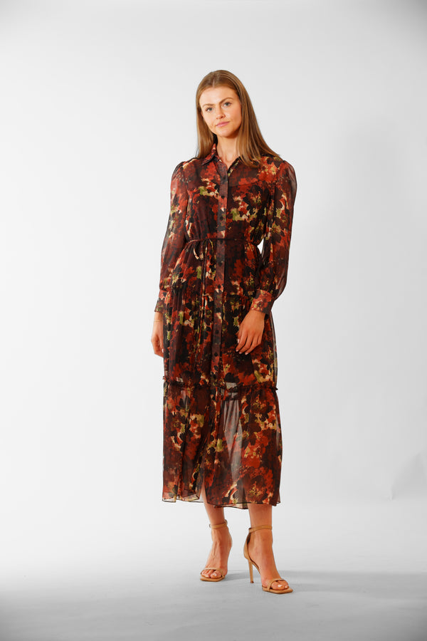 julia jordan LONG SLEEVE PRINTED CHIFFON SHIRT DRESS BROWN MULTI