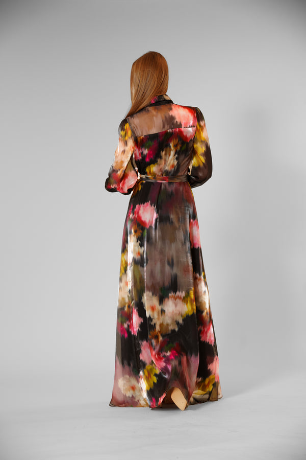 Julia Jordan LONG SLEEVE PRINTED ORGANZA SHIRT DRESS BLACK MULTI