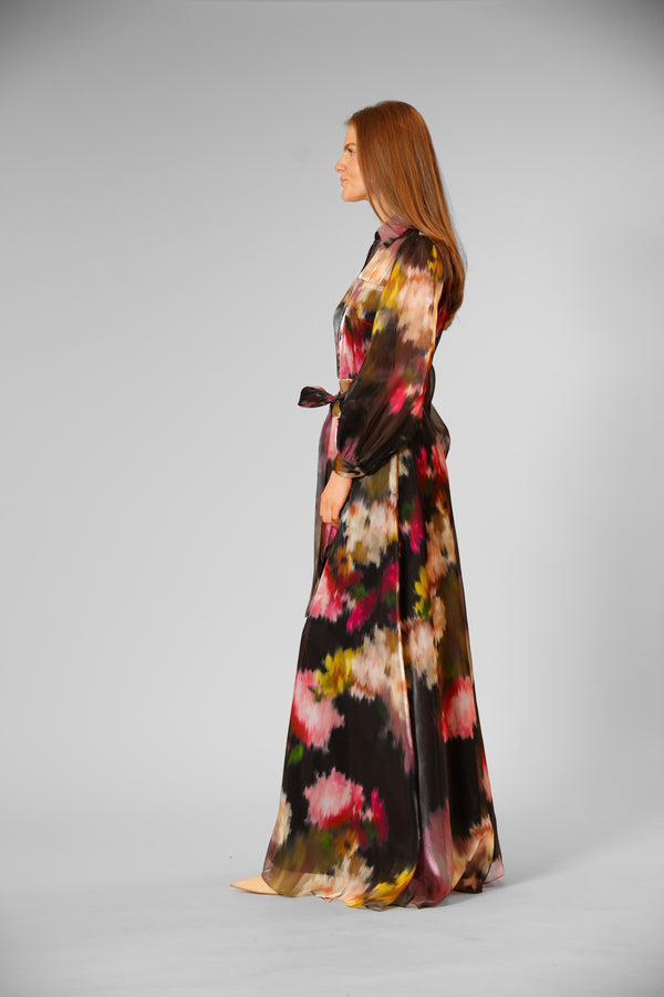 Julia Jordan LONG SLEEVE PRINTED ORGANZA SHIRT DRESS BLACK MULTI