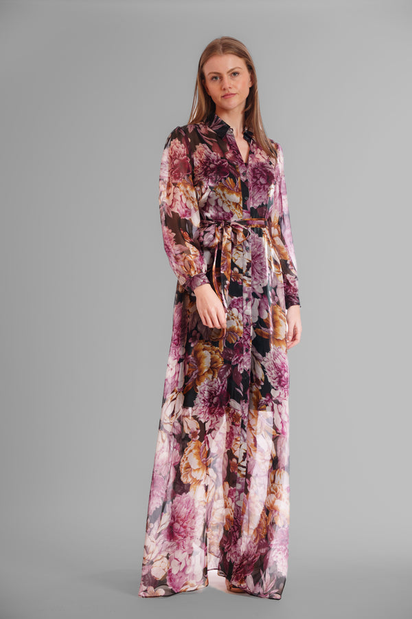 Julia Jordan LONG SLEEVE PRINTED ORGANZA SHIRT DRESS BLACK MULTI