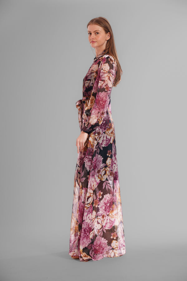 Julia Jordan LONG SLEEVE PRINTED ORGANZA SHIRT DRESS BLACK MULTI