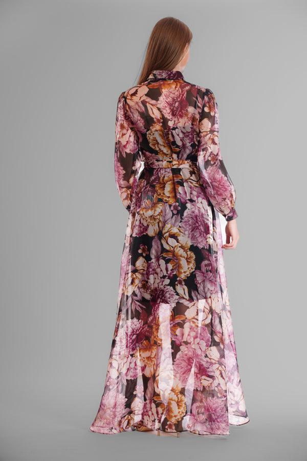 Julia Jordan LONG SLEEVE PRINTED ORGANZA SHIRT DRESS BLACK MULTI