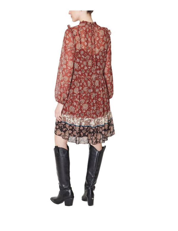 Julia Jordan Long Sleeve Ruffle Drawstring Midi Dress Brown Multi