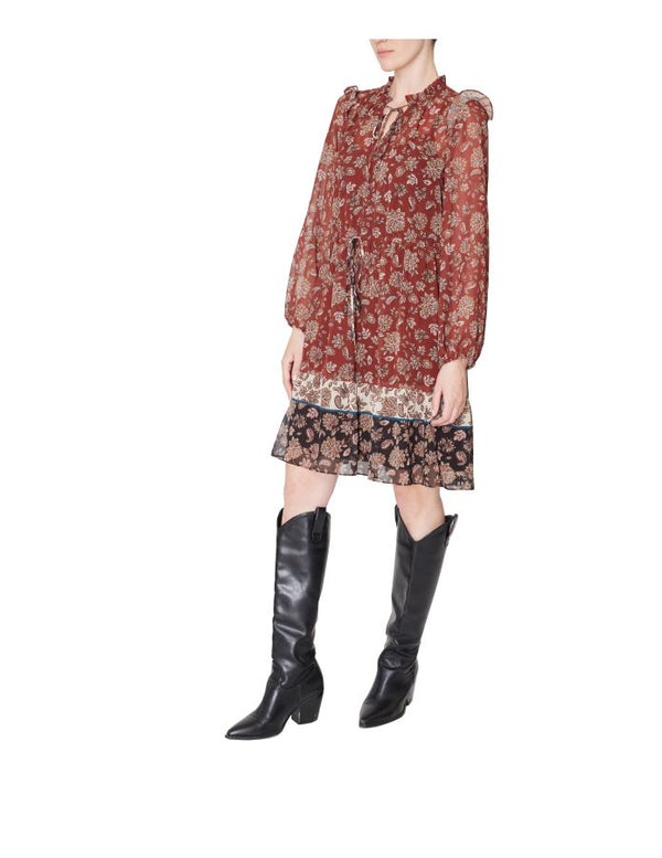 Julia Jordan Long Sleeve Ruffle Drawstring Midi Dress Brown Multi