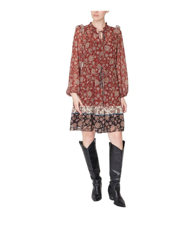julia jordan Long Sleeve Ruffle Drawstring Midi Dress Brown Multi