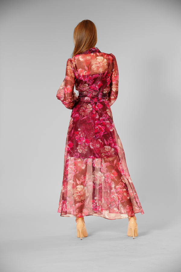 Julia Jordan LONG SLEEVE SHIRT DRESS WITH TIE WAIST BURGNDY PINK