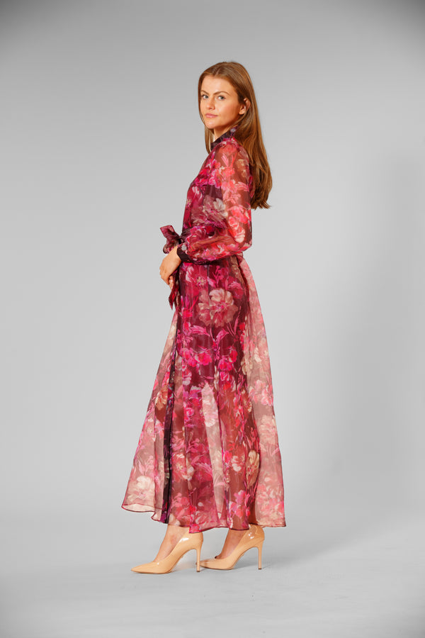 Julia Jordan LONG SLEEVE SHIRT DRESS WITH TIE WAIST BURGNDY PINK