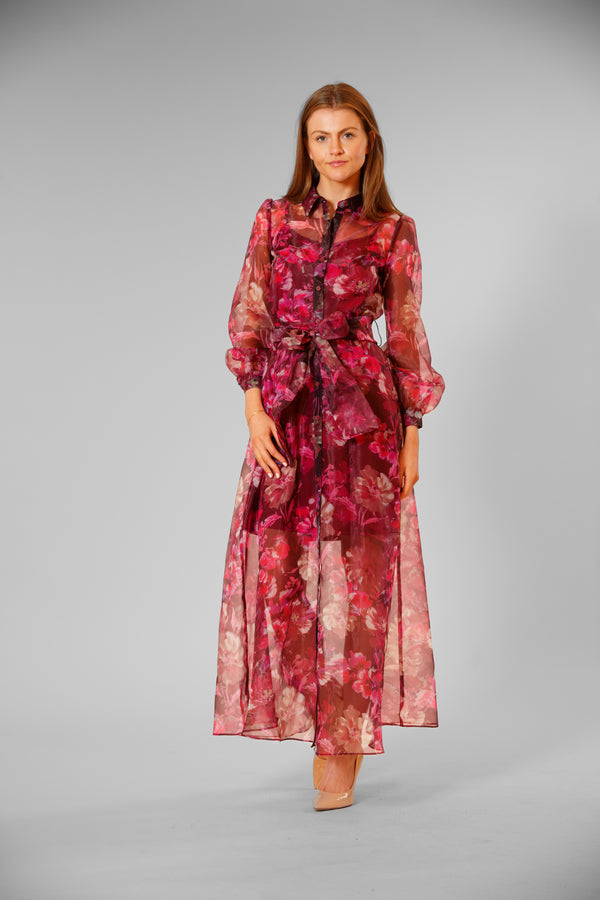 julia jordan LONG SLEEVE SHIRT DRESS WITH TIE WAIST BURGNDY PINK