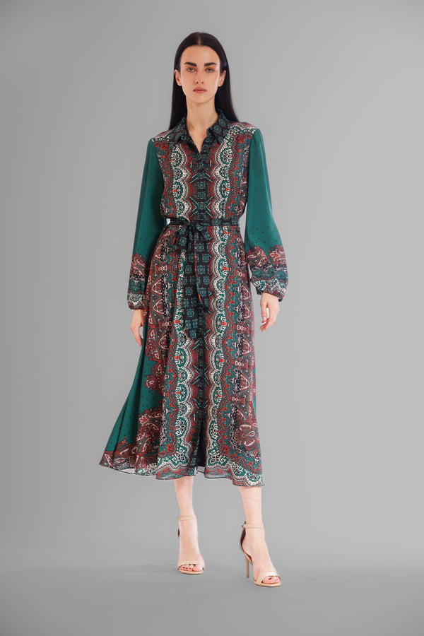 julia Jordan LONG SLEEVE SHIRTDRESS W TIE WAIST GREEN MULTI