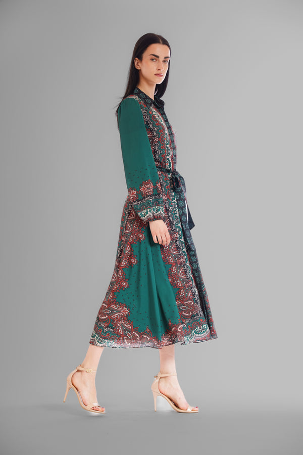 julia Jordan LONG SLEEVE SHIRTDRESS W TIE WAIST GREEN MULTI