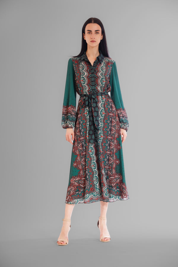 julia jordan LONG SLEEVE SHIRTDRESS W TIE WAIST GREEN MULTI