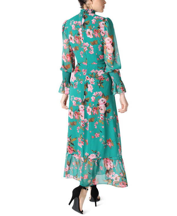 Julia Jordan LONG SLEEVE SMOCKED NECK SLIT DRESS GREEN MULTI