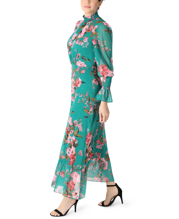 Julia Jordan LONG SLEEVE SMOCKED NECK SLIT DRESS GREEN MULTI