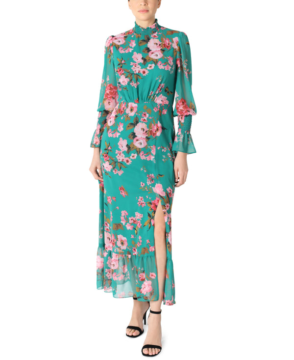 julia jordan LONG SLEEVE SMOCKED NECK SLIT DRESS GREEN MULTI