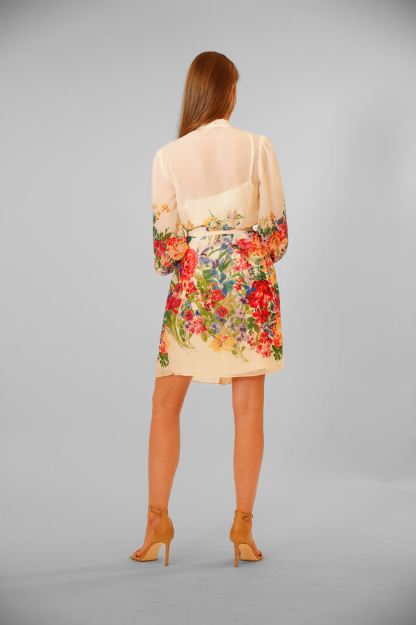 Julia Jordan LONG SLEEVE TIE NECK PLEATED MINI DRESS IVORY MULTI