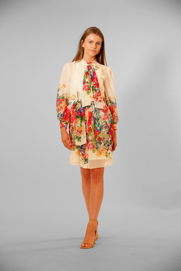 julia jordan LONG SLEEVE TIE NECK PLEATED MINI DRESS IVORY MULTI