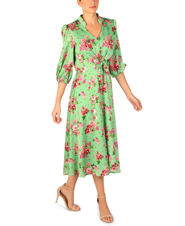 Julia Jordan LONG SLEEVE V NECK BUTTON DRESS GREEN MULTI