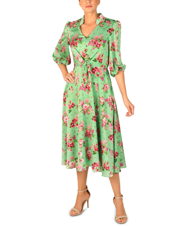 julia jordan LONG SLEEVE V NECK BUTTON DRESS GREEN MULTI