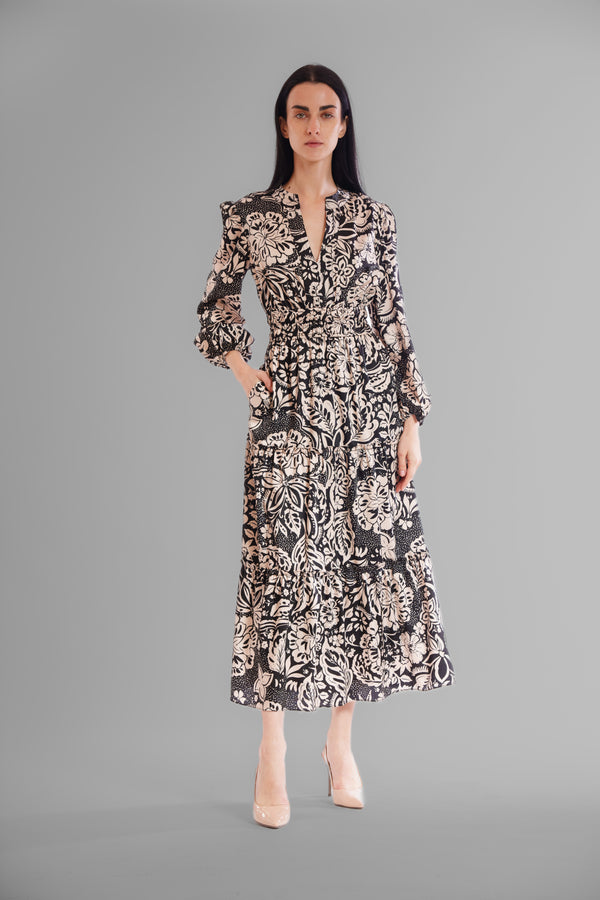 Julia Jordan LONG SLEEVE V NECK ELASTIC WAIST TIERED DRESS BLACK BEIGE