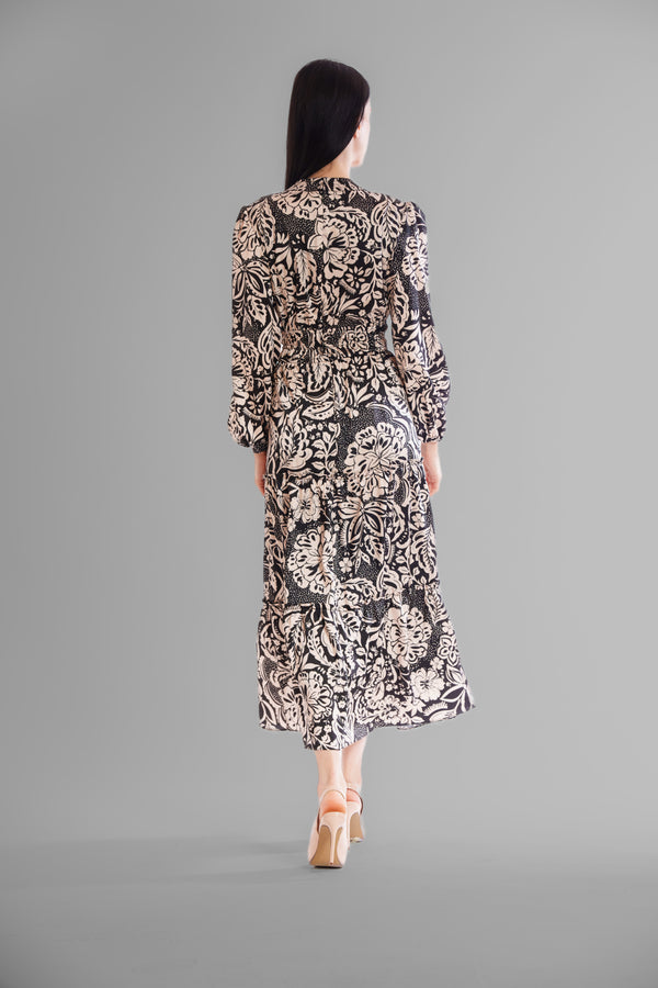 Julia Jordan LONG SLEEVE V NECK ELASTIC WAIST TIERED DRESS BLACK BEIGE