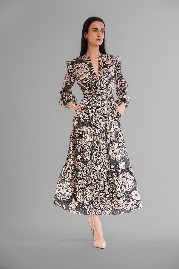 julia jordan LONG SLEEVE V NECK ELASTIC WAIST TIERED DRESS BLACK BEIGE