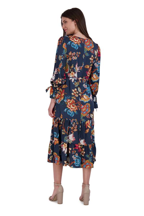 Julia Jordan Long Sleeve Waist Tie Dress Navy Multi