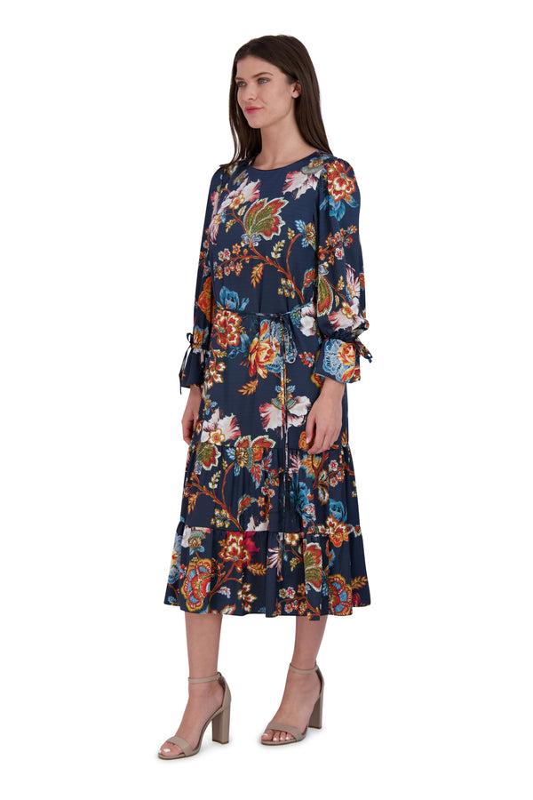 Julia Jordan Long Sleeve Waist Tie Dress Navy Multi