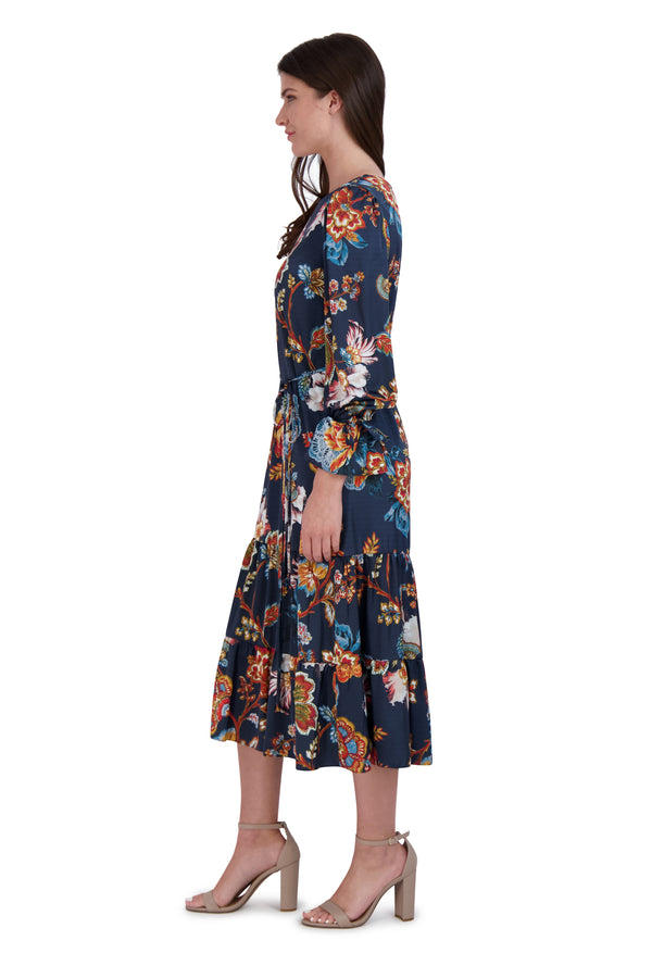 Julia Jordan Long Sleeve Waist Tie Dress Navy Multi