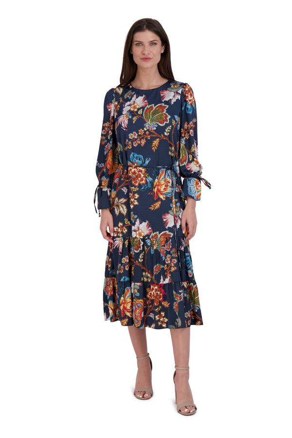 julia jordan Long Sleeve Waist Tie Dress Navy Multi