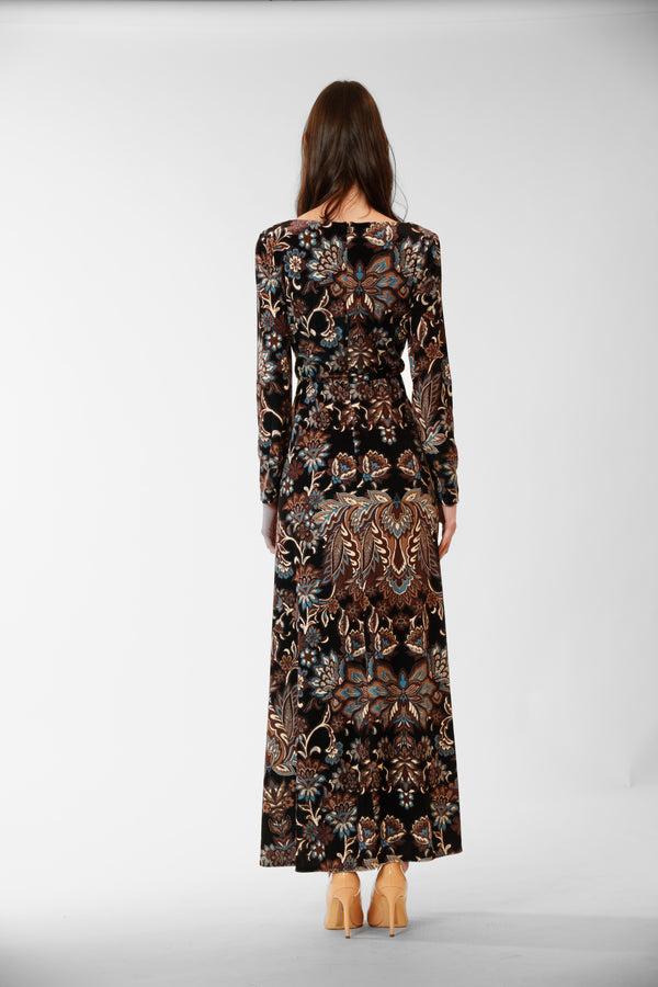 Julia Jordan LONG SLEEVED LONG DRESS W/ ROUCHING DETAIL BLACK MULTI