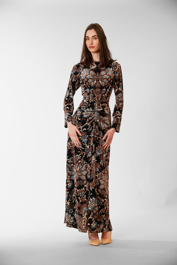 Julia Jordan LONG SLEEVED LONG DRESS W/ ROUCHING DETAIL BLACK MULTI