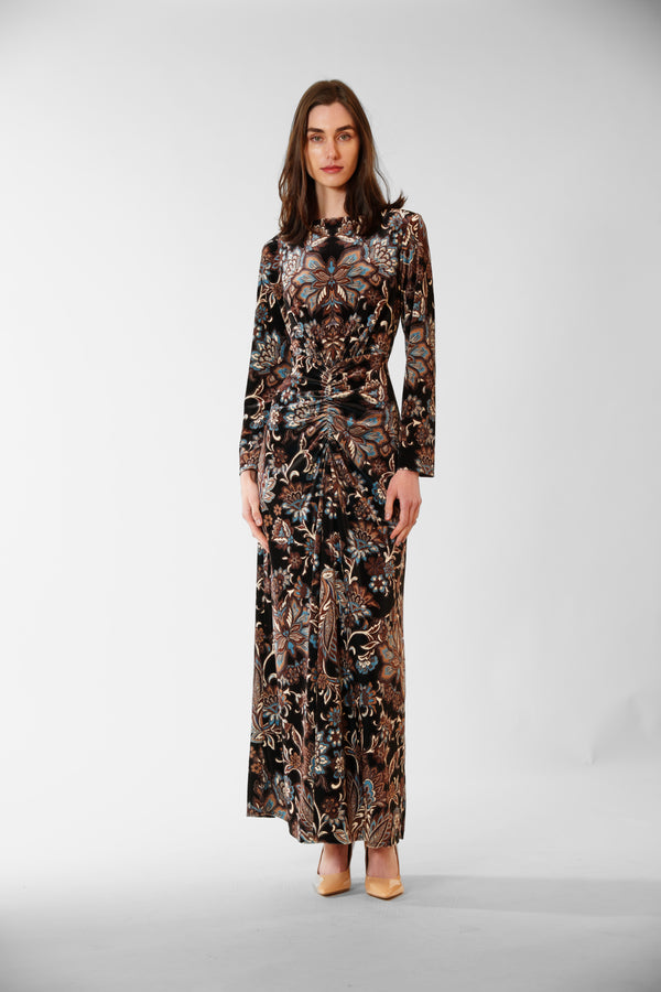julia jordan LONG SLEEVED LONG DRESS W/ ROUCHING DETAIL BLACK MULTI