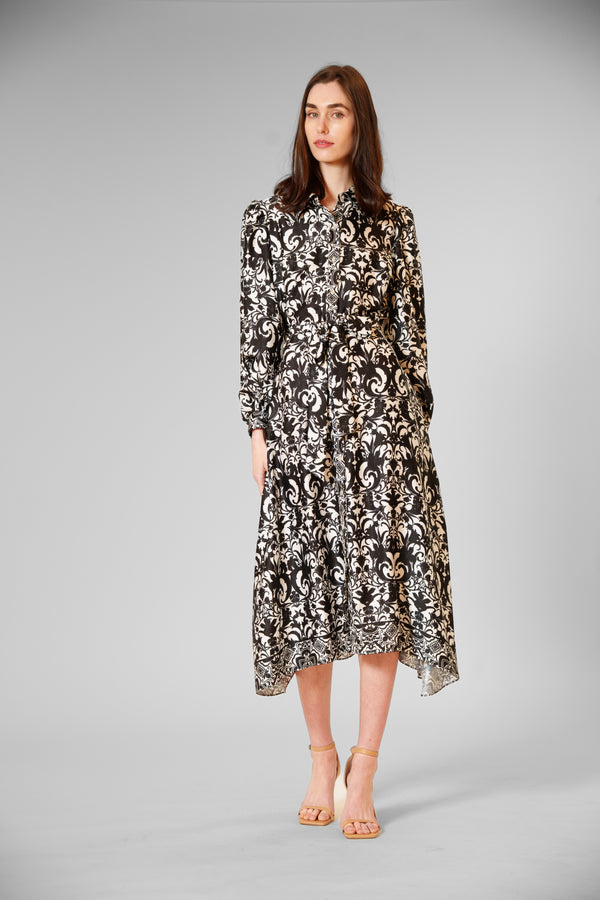 julia jordan LONG SLV MIDI LENGTH SHIRTDRESS W/ SELF SASH BLACK IVORY