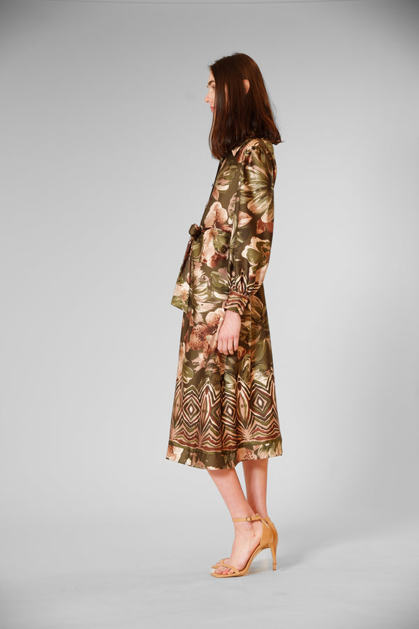 Julia Jordan LONG SLV MIDI SHIRTDRESS W/ SELF SASH GREEN MULTI