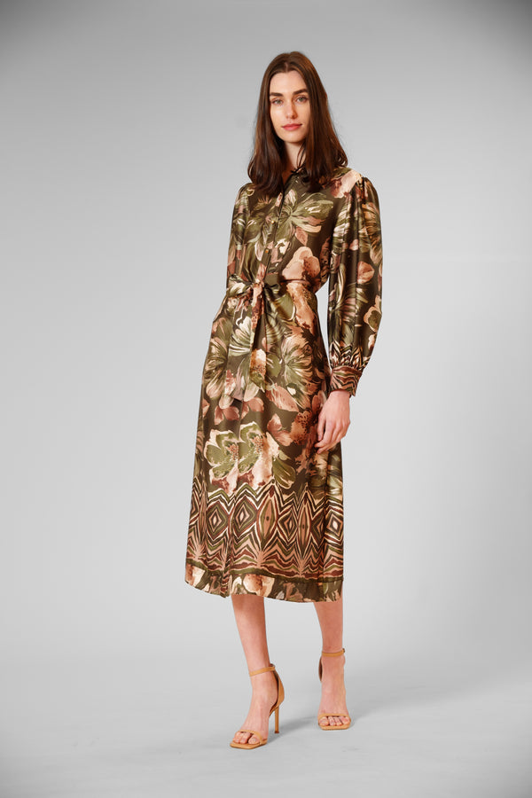 julia jordan LONG SLV MIDI SHIRTDRESS W/ SELF SASH GREEN MULTI