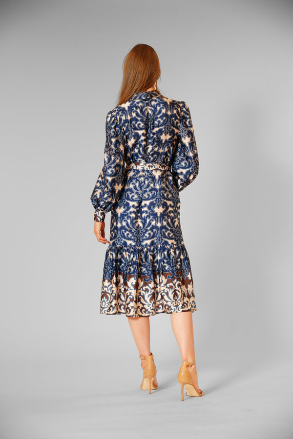 Julia Jordan LONG SLV MIDI SHIRTDRESS W/ SELF SASH NAVY MULTI
