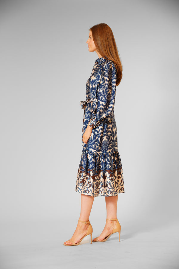 Julia Jordan LONG SLV MIDI SHIRTDRESS W/ SELF SASH NAVY MULTI