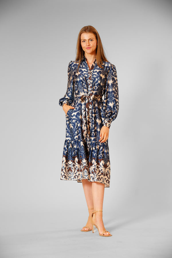 julia jordan LONG SLV MIDI SHIRTDRESS W/ SELF SASH NAVY MULTI