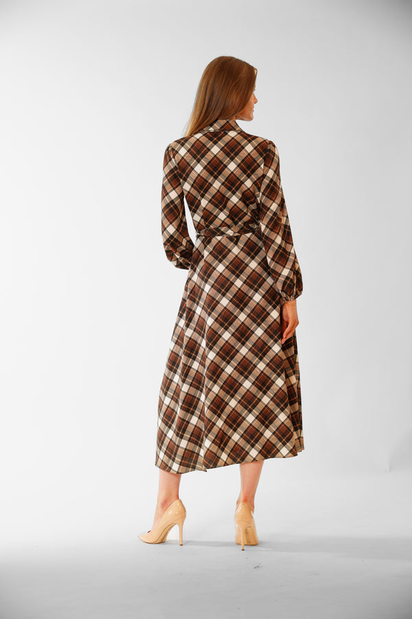 Julia Jordan LONG SLV PLAID SHIRTDRESS W/ SELF SASH BROWN MULTI