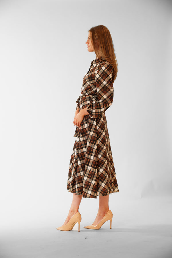 Julia Jordan LONG SLV PLAID SHIRTDRESS W/ SELF SASH BROWN MULTI