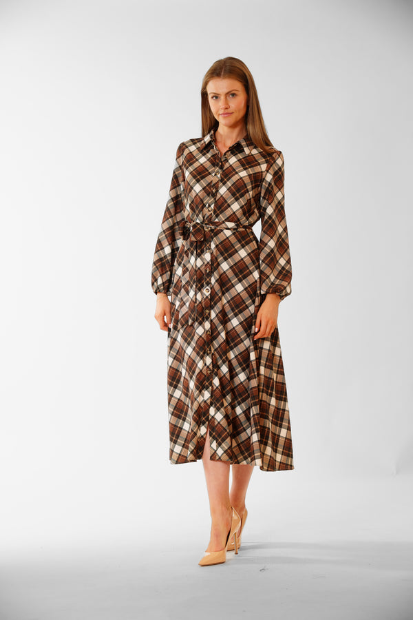 julia jordan LONG SLV PLAID SHIRTDRESS W/ SELF SASH BROWN MULTI