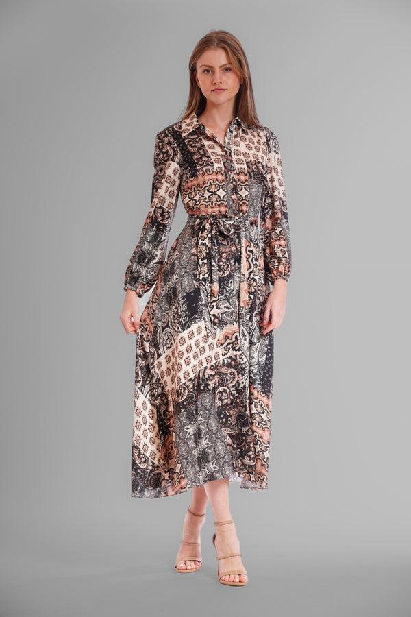 Julia Jordan LONG SLV SHIRT DRESS W/ SELF WAIST TIE BLACK BROWN