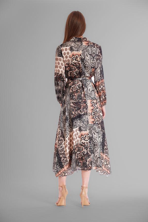 Julia Jordan LONG SLV SHIRT DRESS W/ SELF WAIST TIE BLACK BROWN